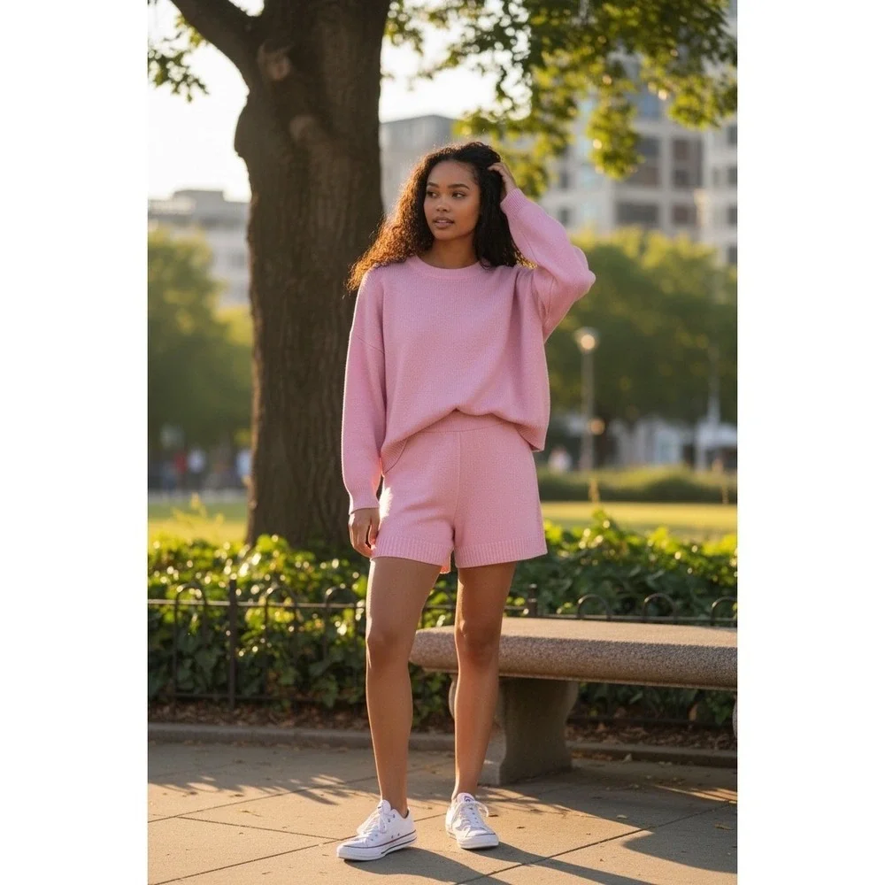Zenana Pink Waffle Knit 2 Piece Lounge Set Sweater and Shorts Womens Sm Casual - Picture 4 of 4